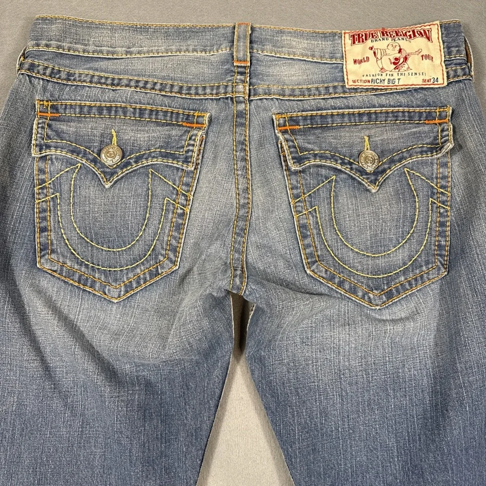 True Religion Ricky Big T WITH FLAP Jeans 38 WIDE LEG WHIKERING THICKE STITCH